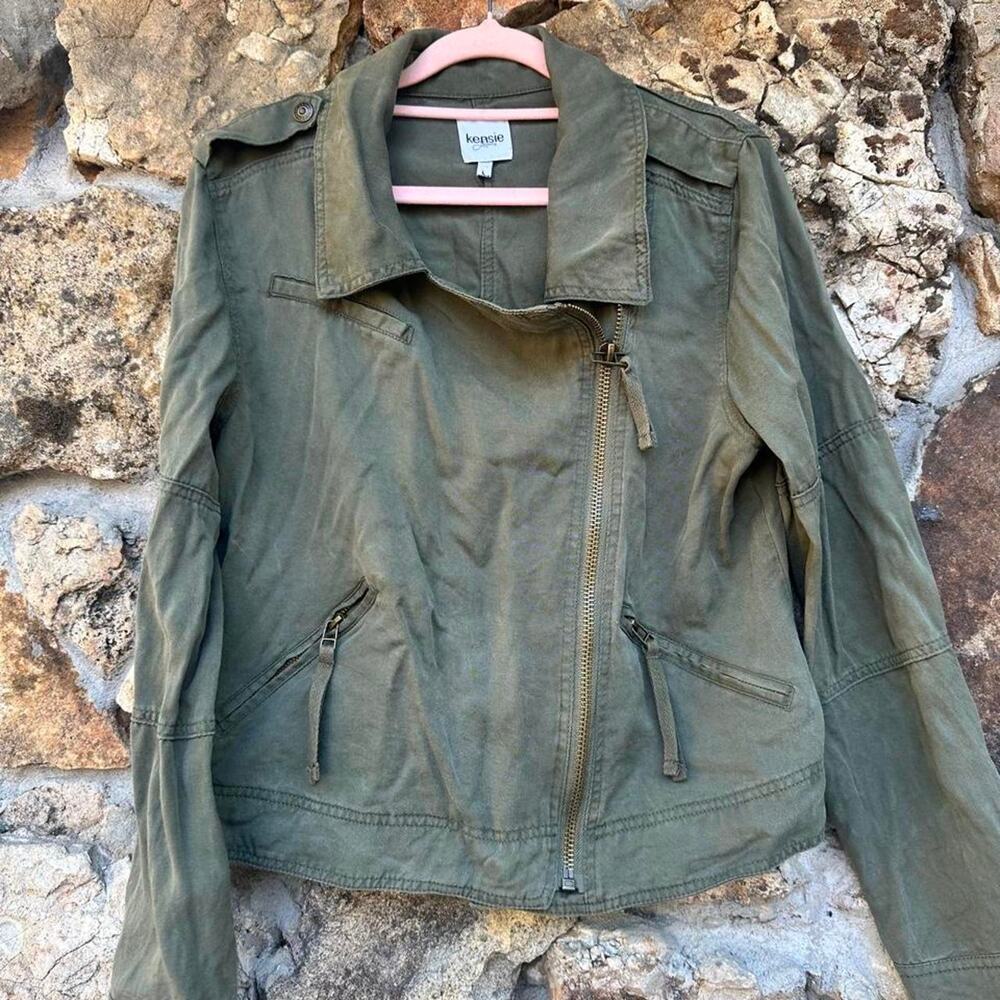 Kensie Olive Green Moto Jacket Womens L Utility Military Asymmetrical Zip
